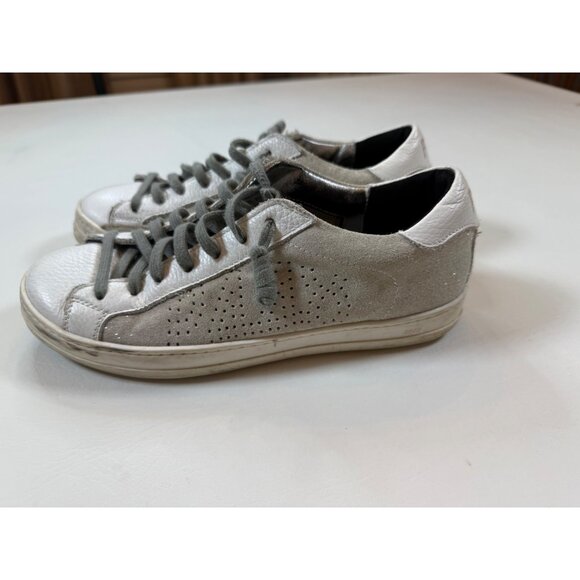 P448 Low-Top Sneakers White/Silver Leather Suede Lace-Up Shoes sz 38 (US 7.5) - Picture 2 of 8